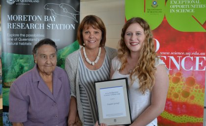 Indigenous elder Aunty Margaret, left, UQ Pro Vice-Chancellor (Indigenous Education) Professor Cindy Shannon and indigenous scholarship winner Taylah Gerloff. 